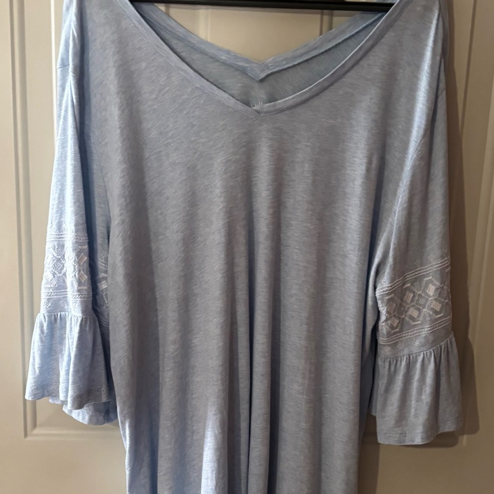 J. Jill Soft Powder Blue V-Neck Tunic with Embroidered Bell Sleeves